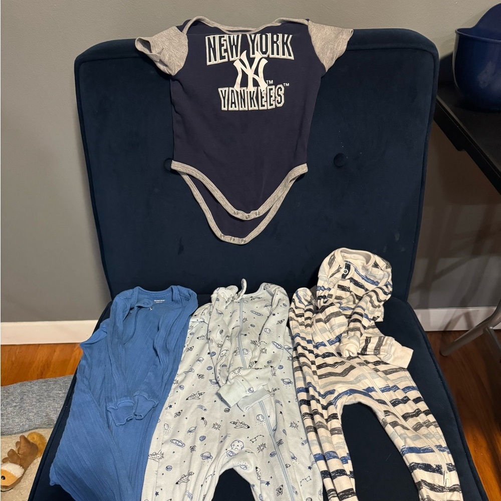 Onesie pajamas and NYY shirt